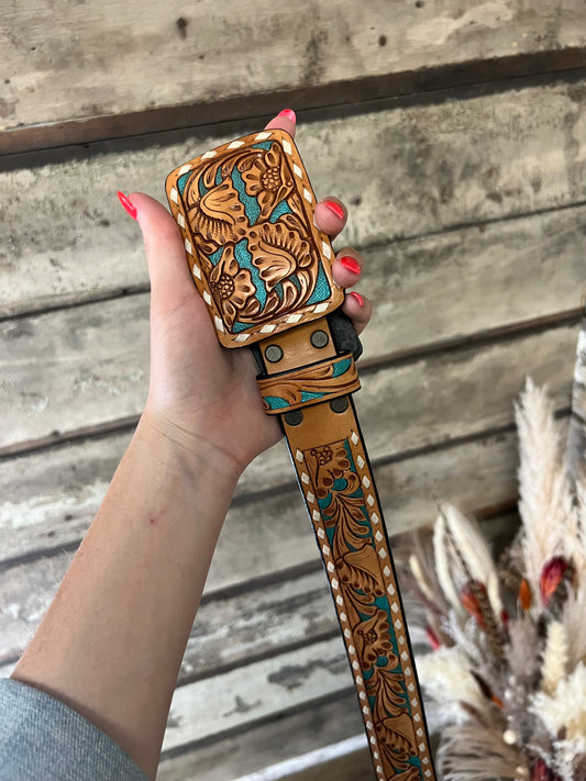Genuine Leather Tooled Belt- Brown/ Turquoise